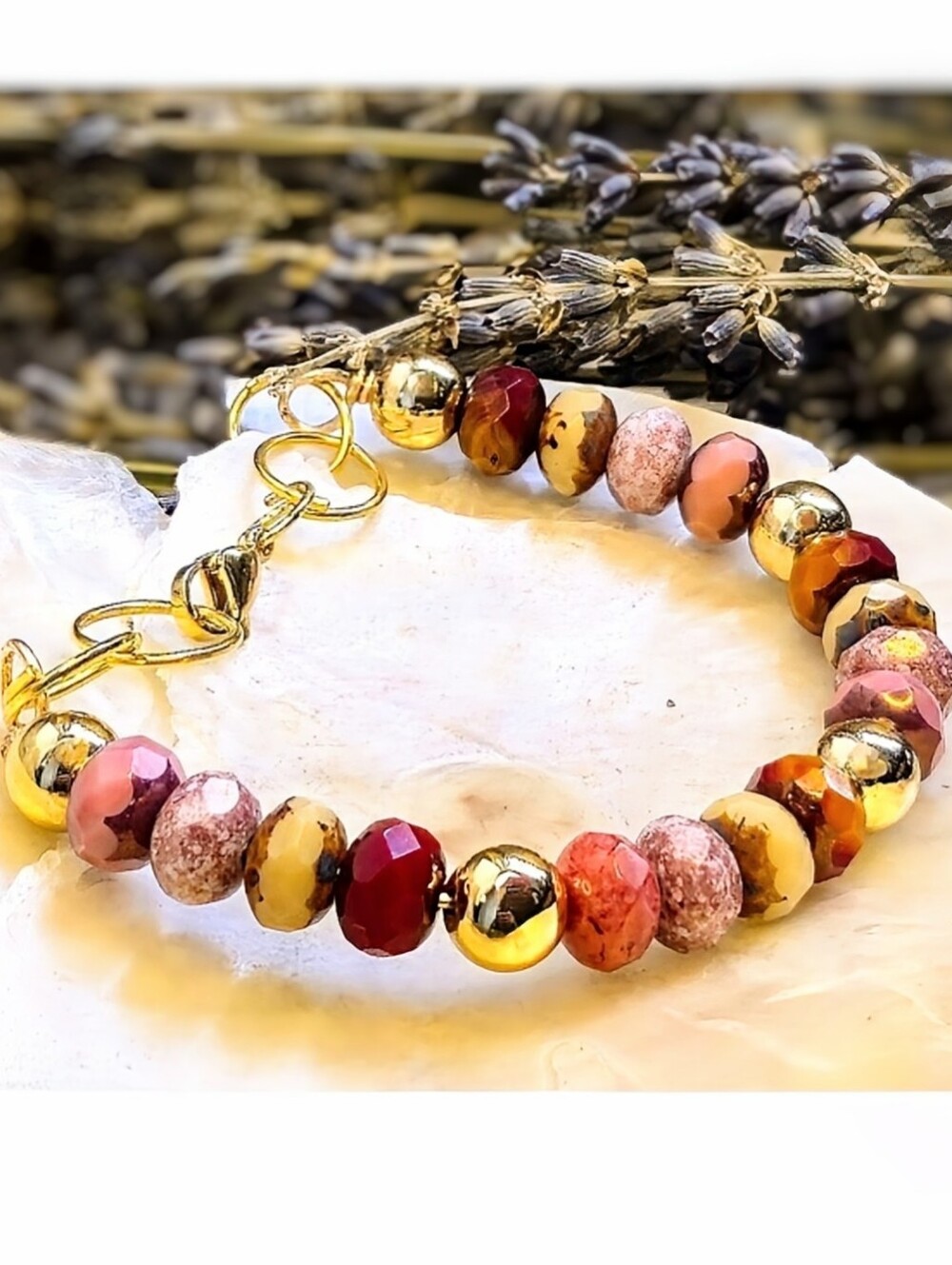 Pink Strawberry Shortcake Velvet Cake Glass Bracelet In Gold Plated